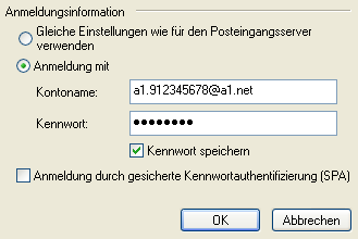 Im Reiter Server Hier haben Sie die Möglichkeit, die Kontodaten noch einmal auf Ihre Richtigkeit zu überprüfen, oder auch etwa im Falle einer Kennwortänderung zu korrigieren. pop.a1.net smtp.a1.net moritz.