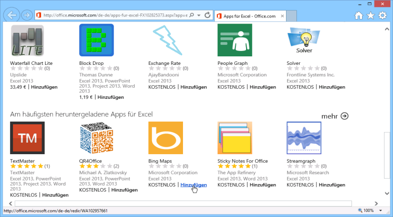 Eine App aus dem Office Store über den Internet Explorer auswählen 4. Klicken Sie auf der Detailseite der App auf die Schaltfläche Hinzufügen, um die App zu installieren: Die App installieren 5.
