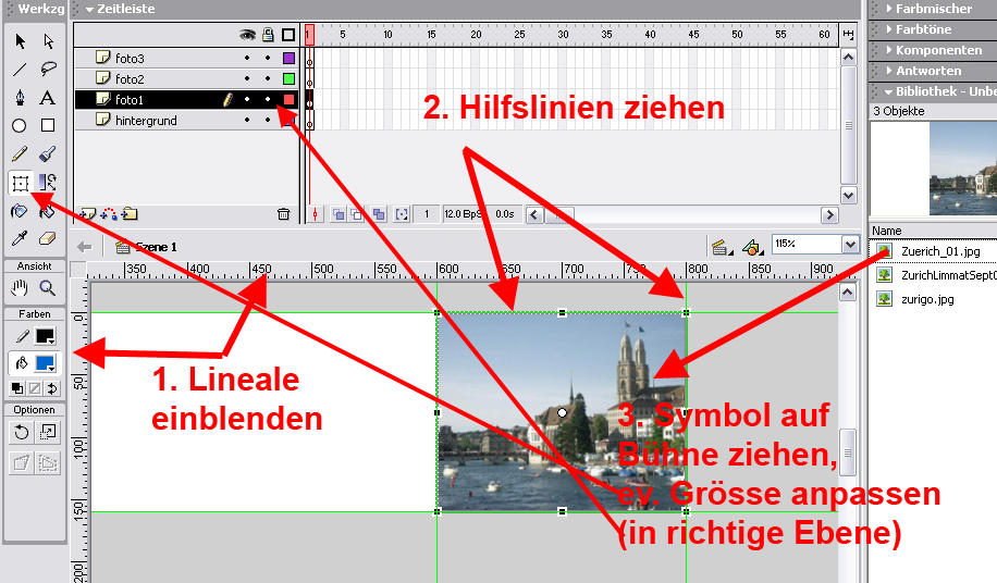 27 Flasheinführung: Banner mit Navigation Vorbereitung: Um im Flash mehrere Bilder für Überblendungen verwenden zu können, müssen diese zuerst im Photoshop vorbereitet und als JPG-Dateien gespeichert