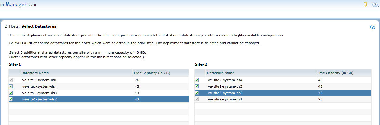 26. Die ESXi-Hosts, die die virtuellen Director-Maschinen an einem VPLEX/VE-Standort hosten, müssen vier Datastores gemeinsam nutzen.