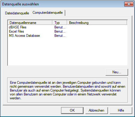 5 Beziehungsweise wählen Sie eine Computerdatenquelle. Diese ist an den jeweiligen PC gebunden und kann nicht gemeinsam verwendet werden. 6 Klicken Sie auf OK.