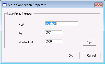 SistarProxy 2.3 Proxy-Manager Menükommando "File / Settings" Öffnet den Dialog zur Definition des TCP/IP-Adresse/Portnr. des SQL proxy service.