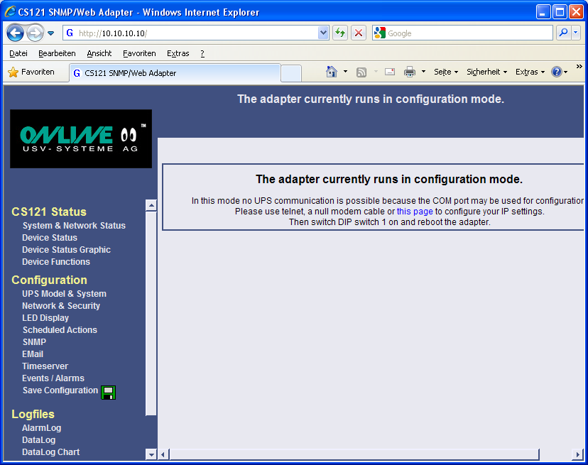 3 Konfiguration des SNMP Moduls CS121 Die Konfiguration erfolgt über den integrierten Web-Server der USV.