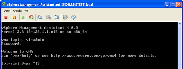 Melden Sei sich mit vi-admin und Ihrem Passwort xxxxxx an (Abbildung 4.43). Abbildung 4.43 Als erstes müssen Sie Ihren ESXi 4.0.0 bei der vma 4.0 registrieren!