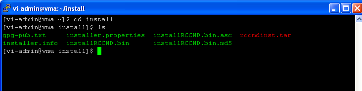 4.7 Installation des RCCMD Clients auf vma 4.0 Wechseln Sie in das angelegte Installationsverzeichnis mit dem Befehl: cd install Abbildung 4.71 Entpacken Sie das Archiv mit tar xvf rccmdinst.tar ().