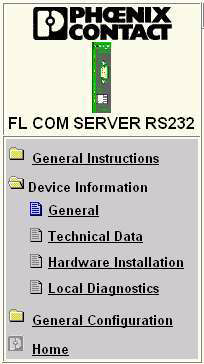 FL COM SERVER RS... 3.4.3 Funktionen und Informationen im WBM Der Navigationsbaum bietet den direkten Zugriff auf folgende drei Bereiche: General Instructions Grundsätzliche Informationen zum WBM.