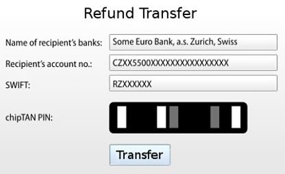 Der Benutzer gibt Einmal- Kennwörter für Transaktionen ein und überweist sein eigenes Geld an Betrüger.