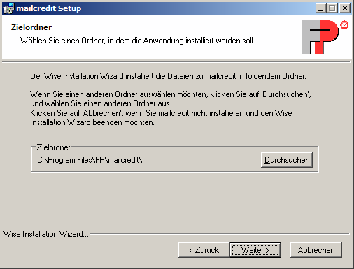 Anhang 1: mailcredit unter Windows XP installieren 3 Der Assistent fordert Sie nun auf, den Installationspfad festzulegen.