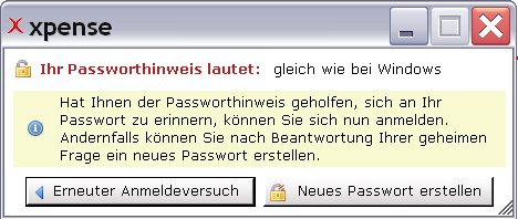 4.2.2 Formular FPwHinweis Benutzeroberfläche Das Formular dient der Anzeige des Passworthinweises des Benutzers.