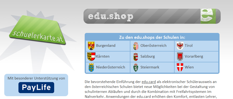 edu.shop - Portal Möglichkeiten für Content und damit Botschaften zu setzen: Startseite österreichweit gleich Auswahl