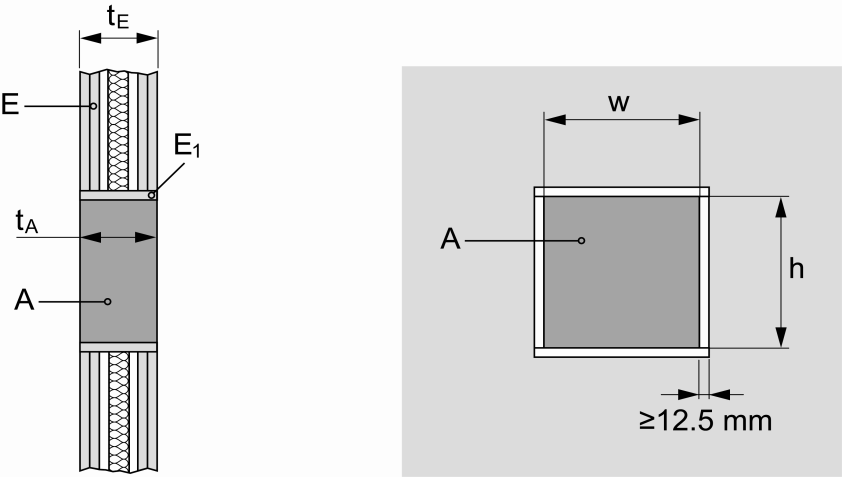 Bei einigen Anwendungen in Betondecken kann ein PVC-Rohrstück, Durchmesser 75 mm 110 mm und Länge 200 mm, als Rahmen/Rohrhülse (F) bündig zur Unterseite in die Decke eingegossen werden wie in Abb.