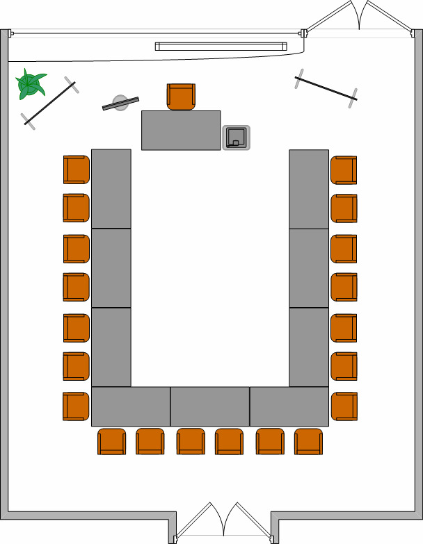 Zugang zur Terrasse Terrassenraum Fläche: 45qm Raummaße: Länge 8,50m Breite 5,36m Höhe 3,50m Bestuhlung: U-Form, außen offener Block parlamentarisch Stuhlreihen U-Form, außen und innen (bei
