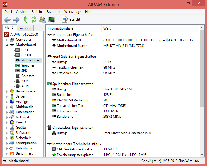 Das Seitenmenü Motherboard Auf dieser Seite werden Informationen über das Motherboard, Typenbezeichnung, Frontside-Bus- Eigenschaften, Speicherbus-Controller, Chipset-Eigenschaften und