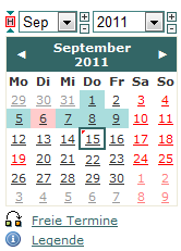 Der Monatskalender verfügt über folgende Funktionen: 1 2 3 4 5 6 7 8 9 Bedienelement Beschreibung 1 Zeigt den heutigen Tag an. 2 Auswahl des Monats.