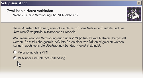 28 Einrichten der VPN-Verbindung Daraufhin erscheint ein Fenster mit den für das jeweilige Gerät verfügbaren Assistenten, darunter auch der Assistent für die LAN-LAN-Kopplung ('Zwei lokale Netze