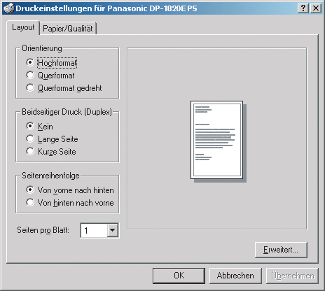 Drucken bei Windows-Anwendungen Windows 2000/Windows XP/Windows Server 2003 (Benutzer) Layout-Registerkarte 1. Orientierung Wählen Sie die gewünschte Ausrichtung (Hoch- oder Querformat) aus.