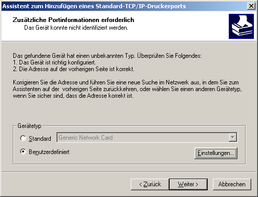 Installieren des LPR-Monitors (Netzwerkdruck) Windows 2000/Windows XP/Windows Server 2003 4 Klicken Sie auf die Weiter - Schaltfläche.