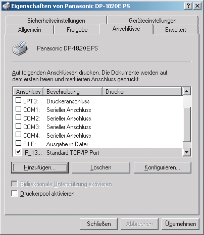 Installieren des LPR-Monitors (Netzwerkdruck) Windows 2000/Windows XP/Windows Server 2003 Schließen 10 - Schaltfläche anklicken. 11 Klicken Sie auf die Übernehmen - Schaltfläche.