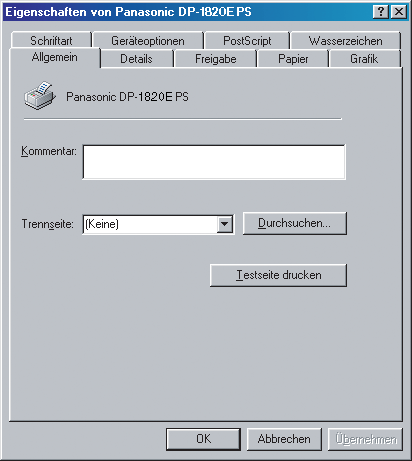 Konfigurieren der Druckertreiber-Einstellungen Windows 98/Windows Me Allgemein-Registerkarte Drucker 1. Kommentar Hier können Sie einen Kommentar über den freigegebenen Drucker eingeben (z.b. den Druckertyp oder den Standort, an dem er installiert ist).