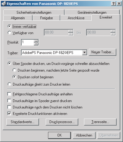 Konfigurieren der Druckertreiber-Einstellungen Windows 2000/Windows XP/Windows Server 2003 (Administrator) Erweitert-Registerkarte Drucker 1.