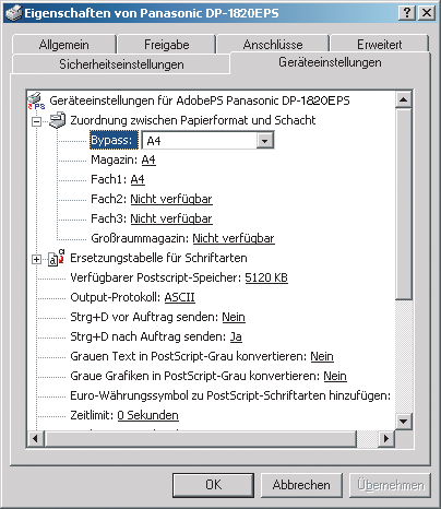Konfigurieren der Druckertreiber-Einstellungen Windows 2000/Windows XP/Windows Server 2003 (Administrator) Geräteeinstellungen-Registerkarte (DP-180/1520P/1820P/1820E) Hier werden die nachfolgenden