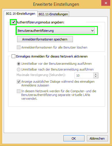 Auf dem Reiter 802.1X-Einstellungen muss der Haken bei Authentifizierungsmodus angeben: gesetzt und auf Benutzerauthentifizierung gestellt sein. Abbildung 10-802.