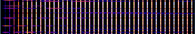 FFT-Spektrum und Spektrogramm eines WLAN-Signals im Standby (g-standard) bis 450 Hz; der Abstand der Spektrallinien beträgt knapp 10 Hz, entsprechend der Standby-Pulsfrequenz von 9,7 Hz Datentransfer