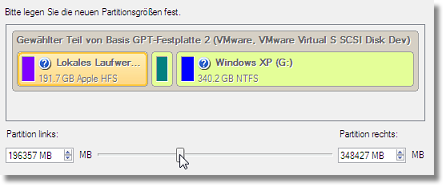 Festplatten Manager 11 Server 253 Anwenderhandbuch Partitionen die mit Boot Camp erstellt wurden. 4. Vergrößern Sie die Windows-Partition mit dem Regler oder indem Sie die Werte manuell eingeben.