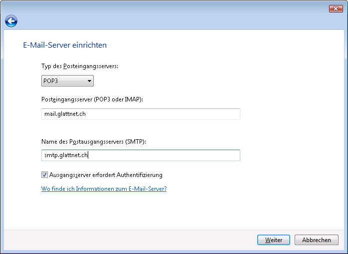 Windows Mail konfigurieren Hier schreiben Sie Ihre E-Mail- Adresse rein (z.b. beispiel@glattnet.