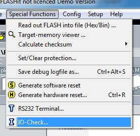 6.3 IO-Check Mit IO-Check wurde ein Schnittstellentest-Tool in das FLASHit-Paket integriert, mit dem das Funktionieren des COM- Ports (Grundlage zum Arbeiten mit FLASHit) gecheckt werden kann.