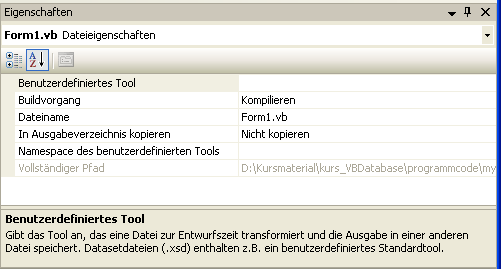 Eigenschaften der Projektdateien im Eigenschaften-Fenster. Dateiname.