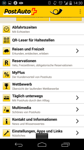 Hauptmenü PostAuto-App Das Hauptmenü in der Start- Ansicht der PostAuto-App.