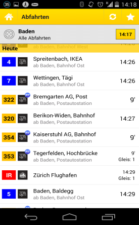 Abfahrtszeiten Die Fahrplanfunktion beinhaltet die Abfrage von Abfahrts- und Ankunftszeiten aller öv Haltestellen in der Schweiz, wo vorhanden auch in Echtzeit.