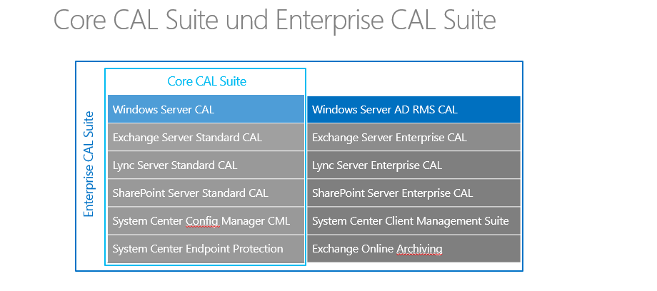 Windows Server CALs können einzeln oder als Bestandteil einer CAL Suite lizenziert werden. In der so genannten Core CAL Suite ist unter anderem eine Windows Server CAL enthalten.