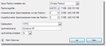 245 5. Erstellen Sie eine neue Partition für die Installation von Windows XP.