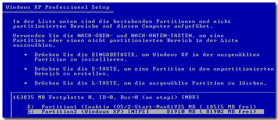 247 11. Installieren Sie Windows XP auf der neu erstellten Partition.