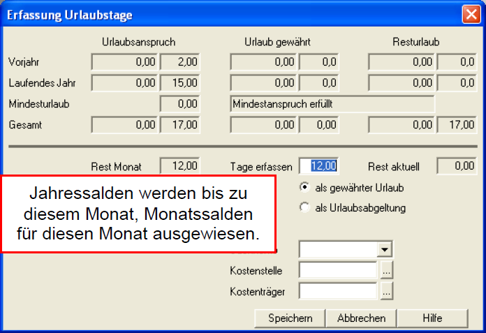 172 Wählen Sie hier den Monat und die Personalnummer aus. Sie gelangen ebenfalls in die Maske zur Fehlzeitenerfassung. Eingaben und Wirkungen entsprechen der vorherigen Beschreibung. 4.4.1.4 Urlaubstage erfassen Sind Urlaubstage für einen Mitarbeiter zu erfassen, geschieht dies mit einem Klick auf.