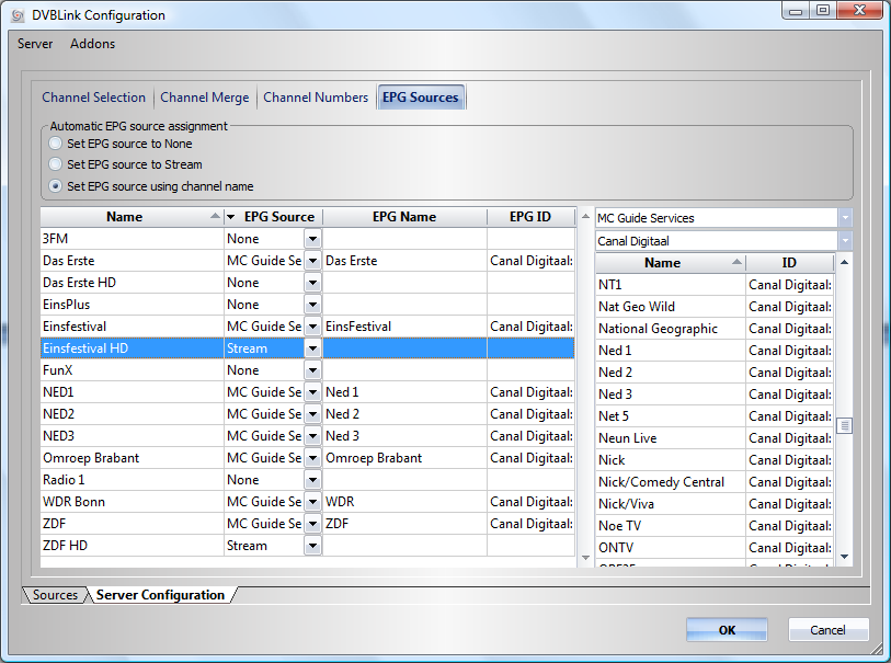 Server Konfiguration: EPG Quellen Wichtig: Führen Sie die Zuordnung von EPG Quellen zu den zusammengefassten DVBLink Kanälen durch!