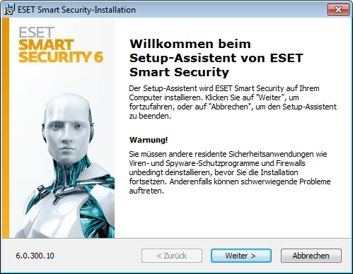 Installation ESET Smart Security enthält Komponenten, die Konflikte mit anderen auf Ihrem Computer installierten Virenschutzprogrammen oder Sicherheitsanwendungen auslösen könnten.