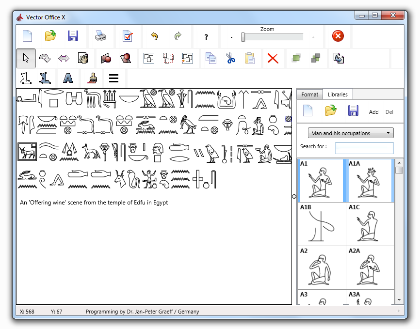 Vector Office X Vector Office X ist ein Textverarbeitungssystem für ägyptische Hieroglyphen, mit dessen Hilfe eigene hieroglyphische Textdokumente für den direkten Ausdruck oder den Export nach
