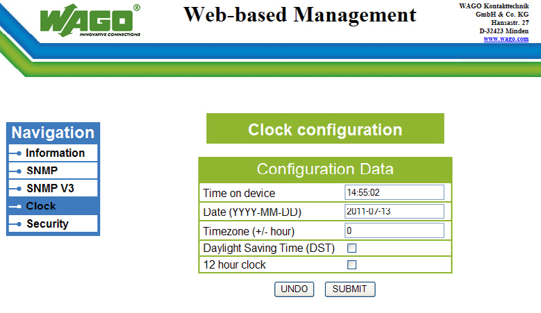 750-370 129 Hinweise zum Web Based Management System Clock Über den Link Clock erreichen Sie eine Web-Seite, auf der Sie Einstellungen für die Koppler interne Echtzeituhr vornehmen können. Abb. 3.1.10-13: Web-based management - Clock Mittels Konfiguration des SNTP-Client wird die Synchronisation der Uhrzeit vorgenommen.