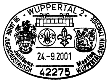 Auch nach Abschluss der Feierlichkeiten verwendeten die Wuppertaler Postämter die Schwebebahn im Motiv verschiedener Sonderstempel. Sonderstempel Stadtfest 2001 48.