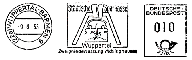 40. Sparkasse Spardose als Schwebebahn Städtische Sparkasse Wuppertal Zweigniederlassung Barmen Varianten: (22a) Wuppertal-Barmen 1, Typ 5E (1953) (22a) Wuppertal-Barmen 1, Typ 5D (1954) 43.
