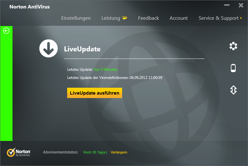 Norton AntiVirus Live Update Grundsätzlich ist das AntiViren Programm so eingestellt, dass es sich bei einer bestehenden Verbindung Automatisch aktualisiert.