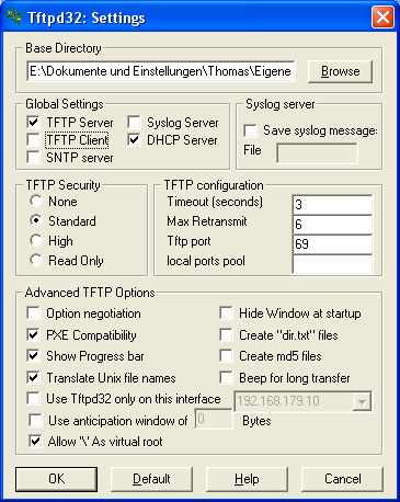 Abbildung 1: TFTP32 Settings Als wichtigste Einstellungen sind zu nennen: 1. Base-Directory Hier wird das zuvor angesprochene Arbeitsverzeichnis angegeben.