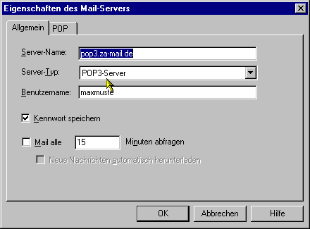 Klicken Sie auf den Punkt Mail-Server um hierfür folgende Angaben zu machen. Da der Netscape Messenger je Profil nur ein Mailkonto verwalten kann sollten Sie durch anklicken des Buttons Entfernen ggf.