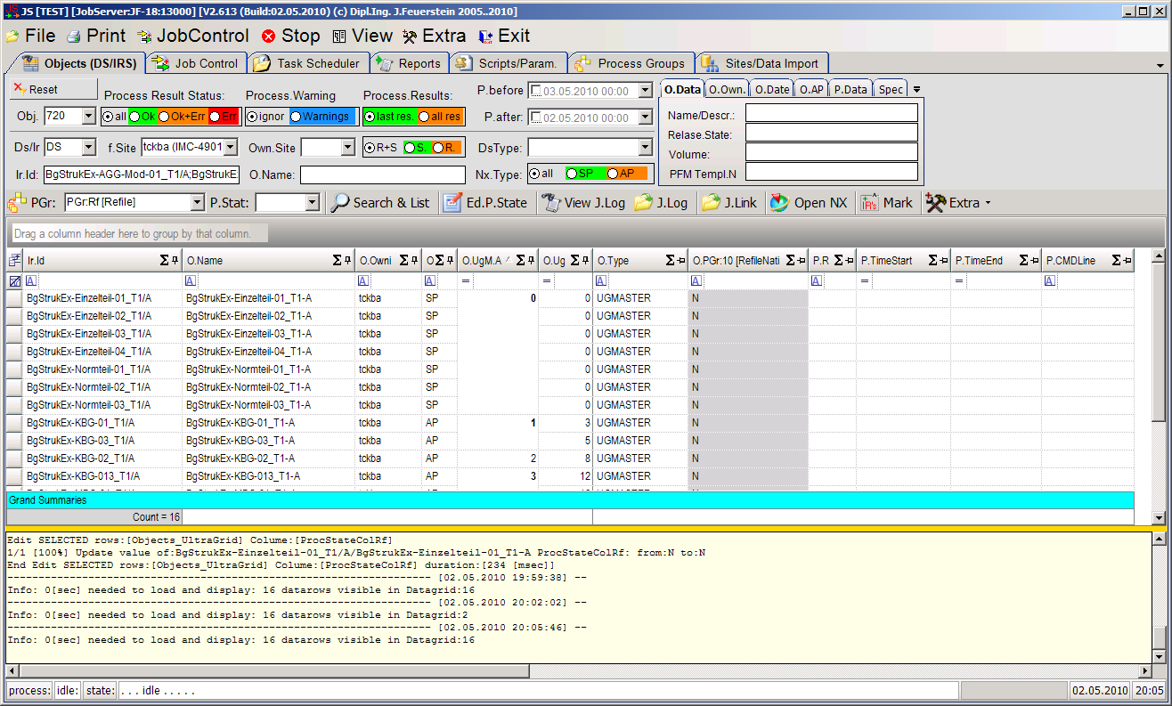 Die Oberfläche des PLMJobManager NXRefile Die Oberfläche unterteilt sich nach den Aufgabenbereichen - Objects (DS/IRS) Anzeige der Objekt Daten und der Refile Ergebnissen - Job Control Organisation