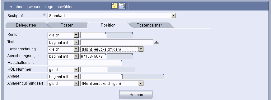 Abbildung 19: Suchmaske Rechnungswesenbelege auswählen : Posten Im MACH-Mitarbeiterportal kann leider nicht weiter nach einem Partner gesucht werden.