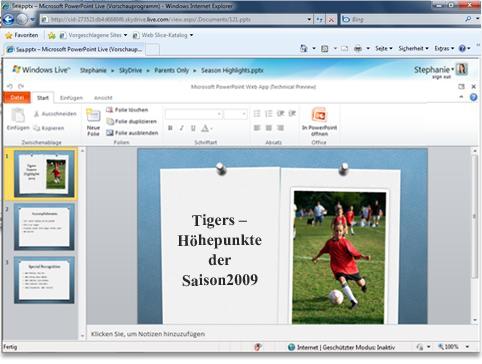 Speichern Sie Präsentationen auf einem Webserver, der die Microsoft Office Web Apps hostet, damit Sie PowerPoint Web App verwenden können, um die Präsentation in Ihrem Browser zu öffnen.