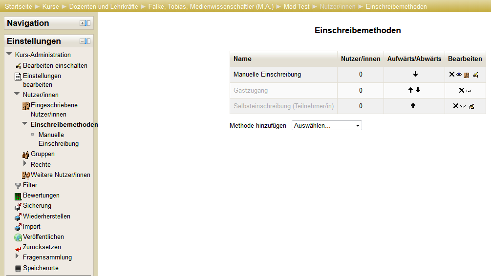 Die Selbsteinschreibung ist die empfohle Einschreibemethode, da auf diese Weise nur Teilnehmer, die das Passwort von Ihnen erhalten, Zugang zu Ihrem Kurs haben.